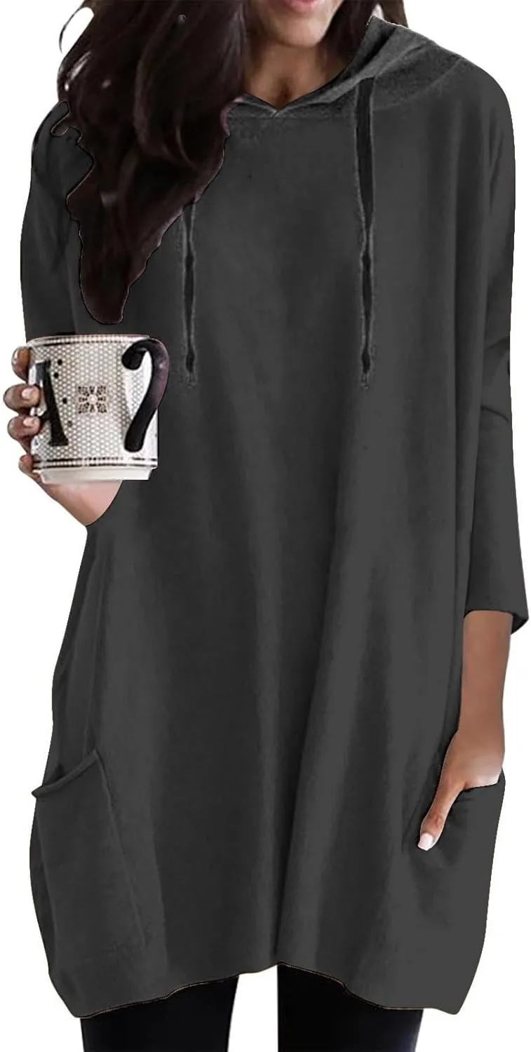 Women's Long Pattern Hooded Sweatshirt Oversized Solid Color Texture Pullover Tops Trendy Lightweight Loose Fit Dress
