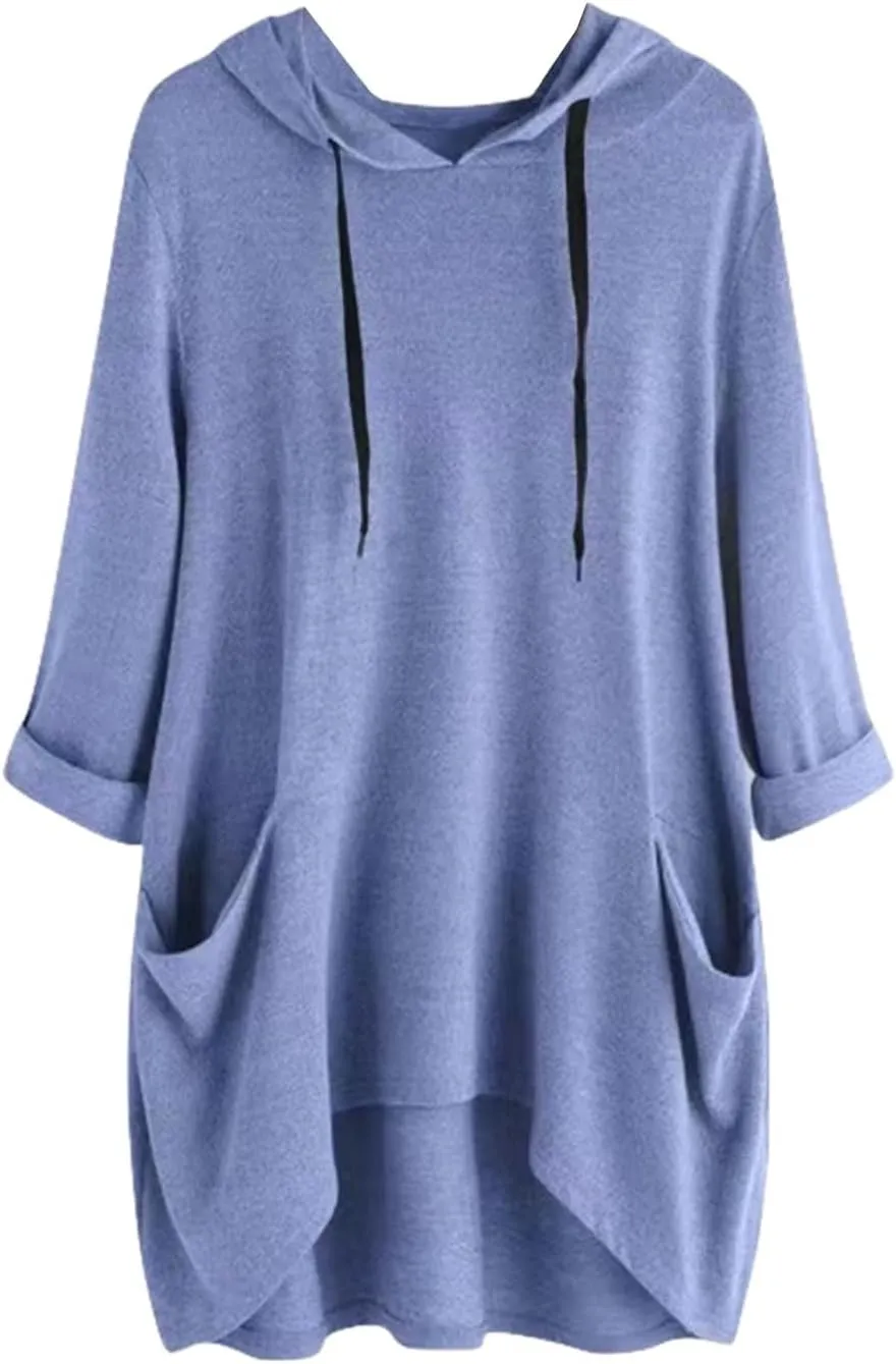 Women's Long Pattern Hooded Sweatshirt Oversized Solid Color Texture Pullover Tops Trendy Lightweight Loose Fit Dress