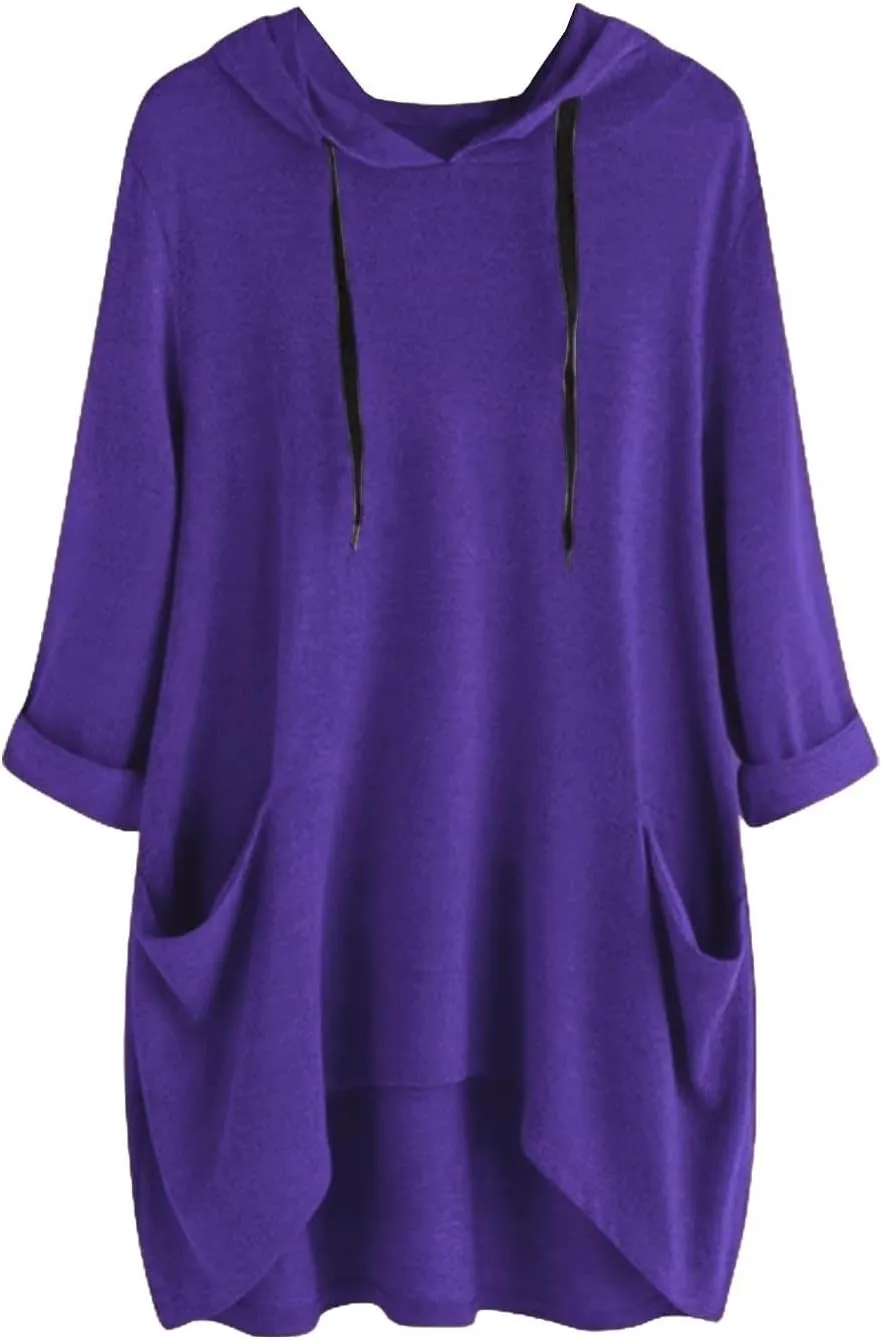 Women's Long Pattern Hooded Sweatshirt Oversized Solid Color Texture Pullover Tops Trendy Lightweight Loose Fit Dress