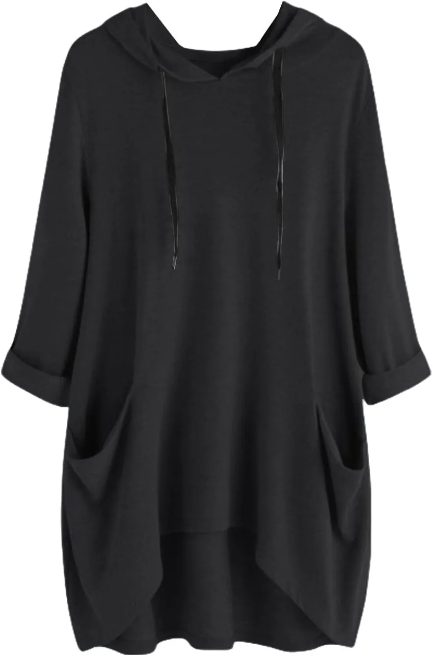 Women's Long Pattern Hooded Sweatshirt Oversized Solid Color Texture Pullover Tops Trendy Lightweight Loose Fit Dress