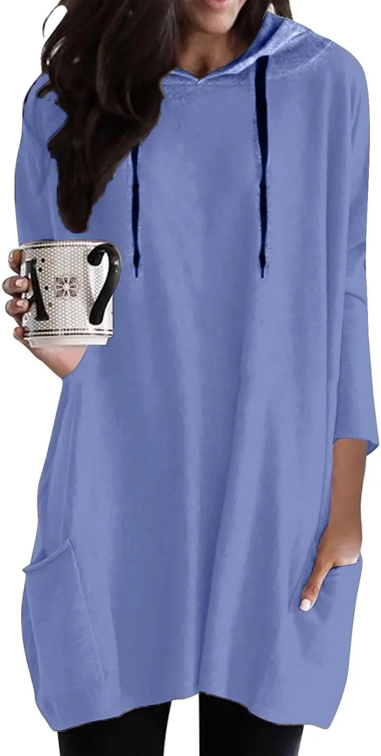 Women's Long Pattern Hooded Sweatshirt Oversized Solid Color Texture Pullover Tops Trendy Lightweight Loose Fit Dress