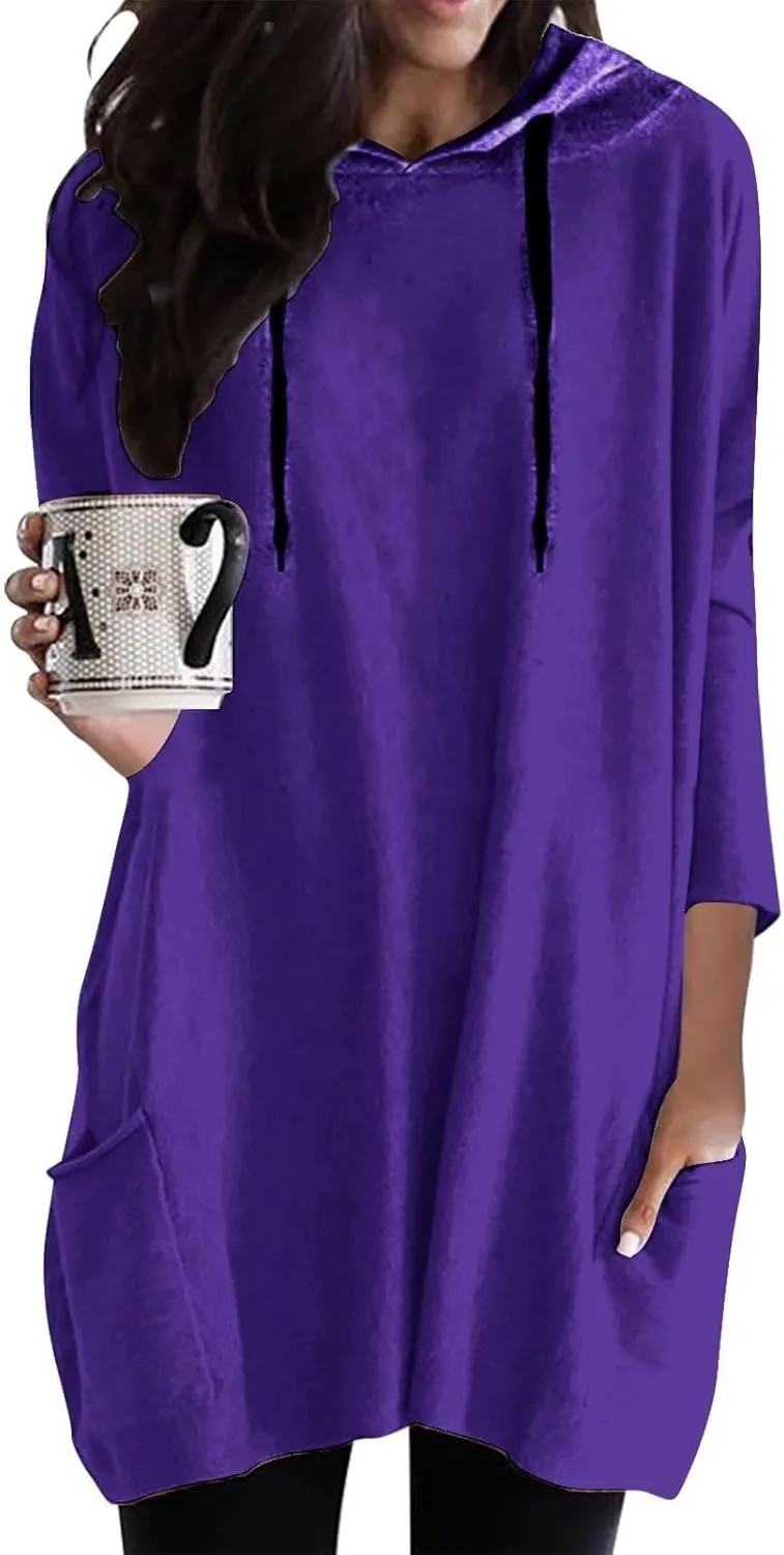Women's Long Pattern Hooded Sweatshirt Oversized Solid Color Texture Pullover Tops Trendy Lightweight Loose Fit Dress