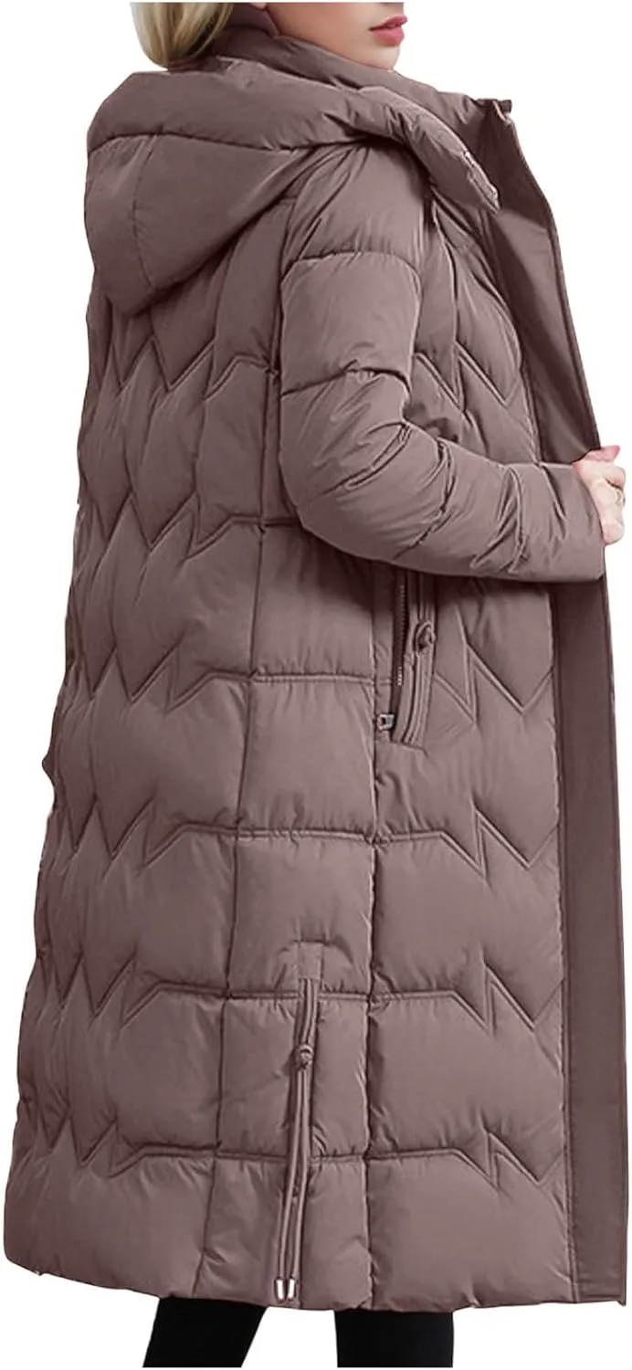 Women's Long Quilted Coat Plus Size Puffer Jackets Casual Hooded Winter Coats Thickened Warm Outerwear with Pockets