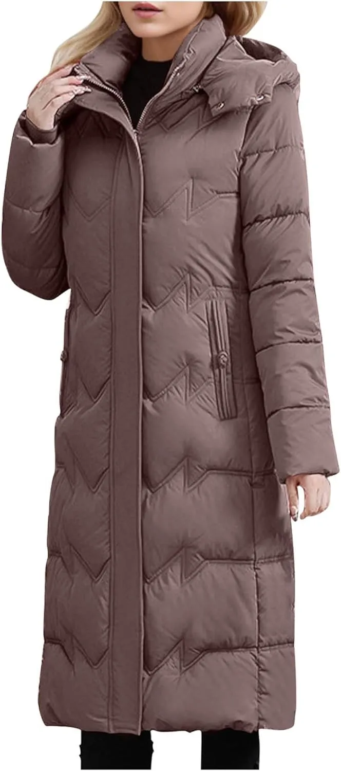 Women's Long Quilted Coat Plus Size Puffer Jackets Casual Hooded Winter Coats Thickened Warm Outerwear with Pockets