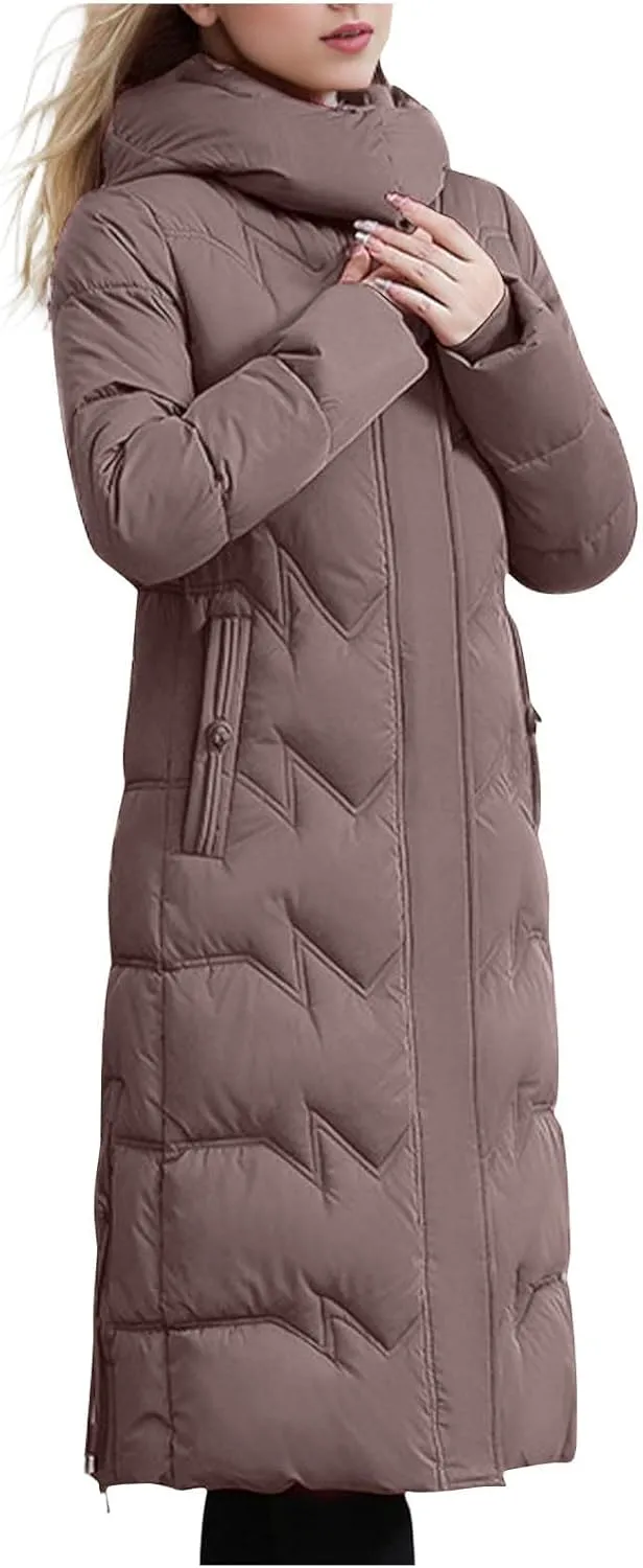 Women's Long Quilted Coat Plus Size Puffer Jackets Casual Hooded Winter Coats Thickened Warm Outerwear with Pockets