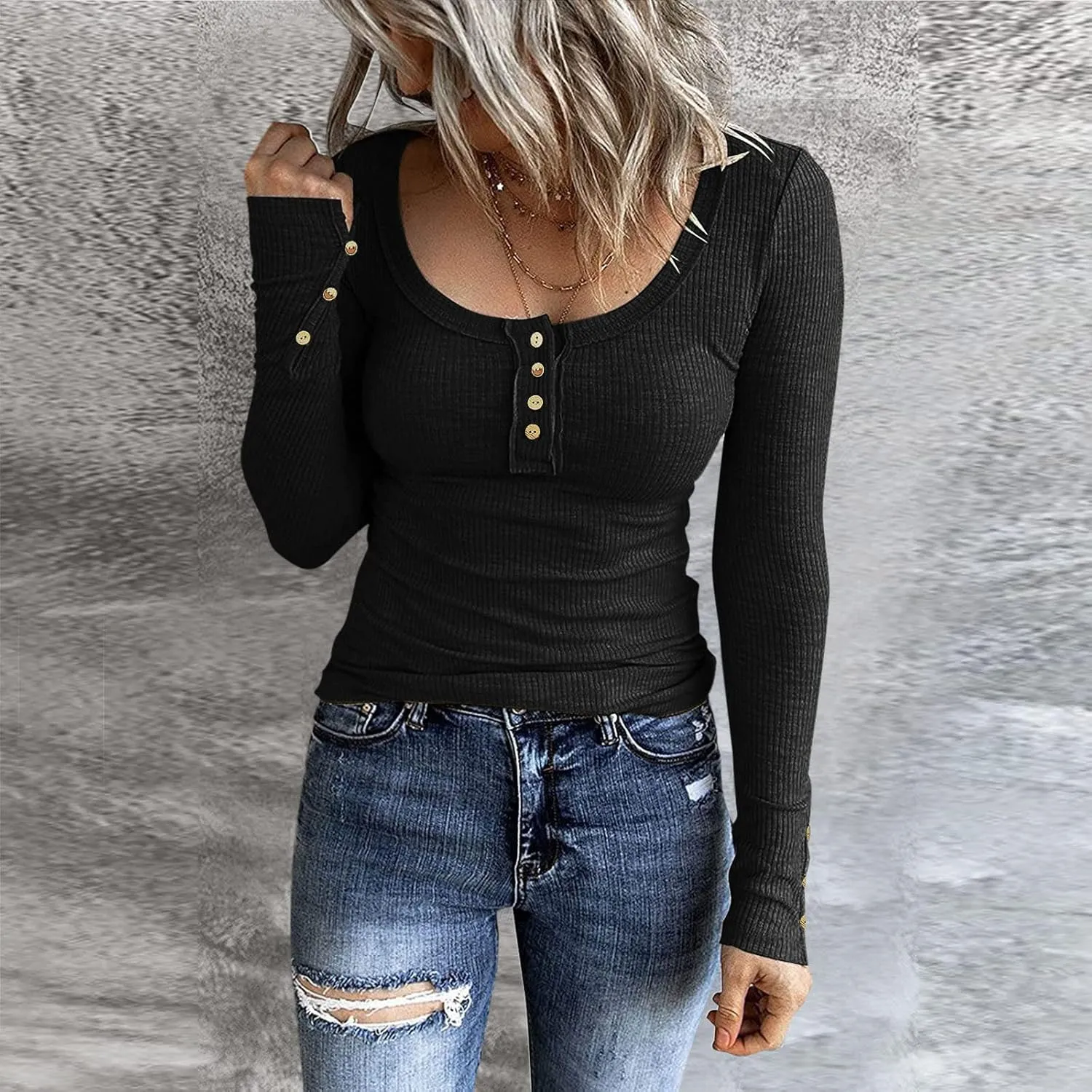 Womens Long Sleeve Henley Shirts 2024 Fall Fashion U Neck Basic Button Up Shirts Casual Comfy Slim Fit Pullover Tops