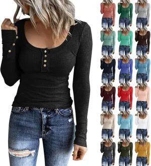 Womens Long Sleeve Henley Shirts 2024 Fall Fashion U Neck Basic Button Up Shirts Casual Comfy Slim Fit Pullover Tops