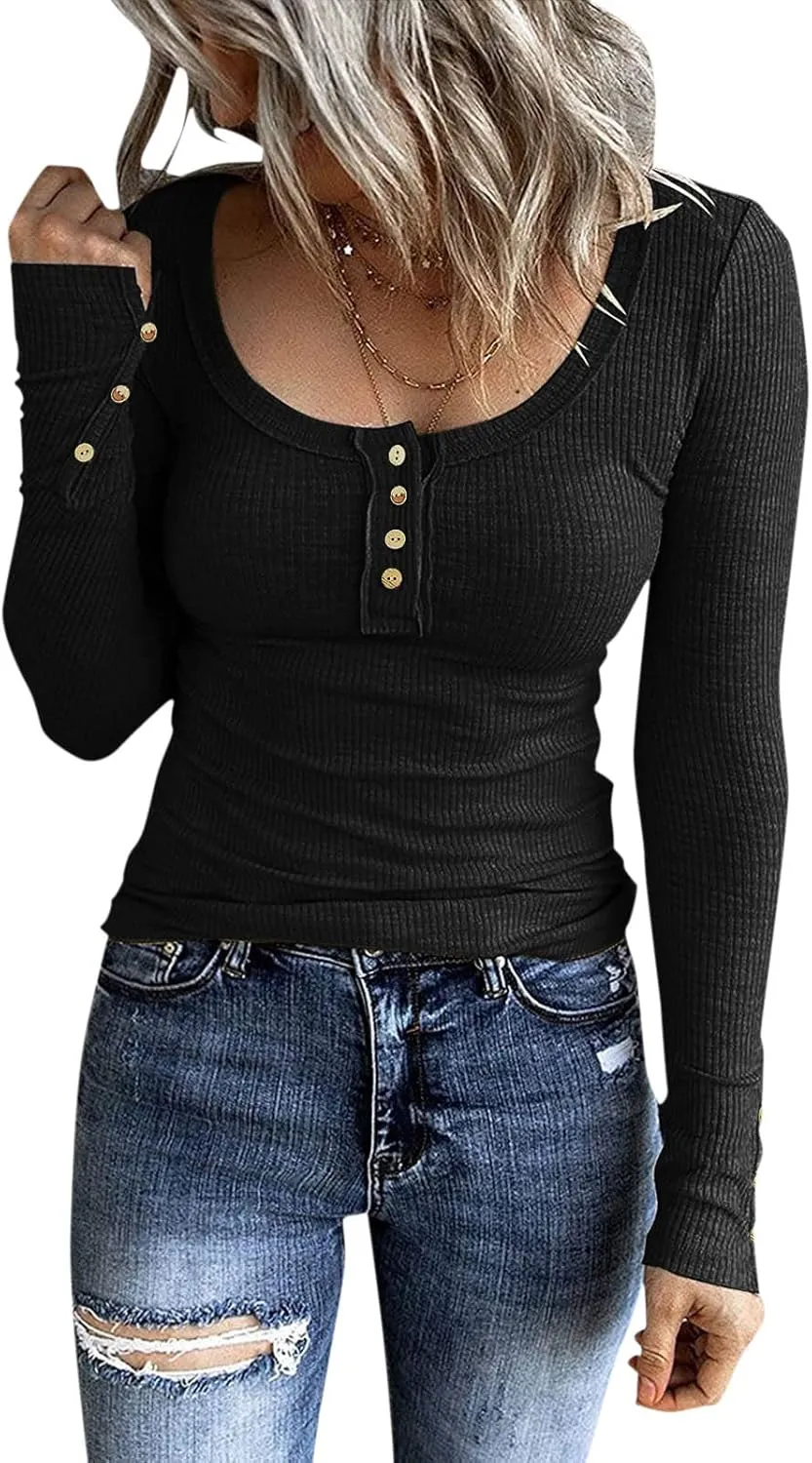 Womens Long Sleeve Henley Shirts 2024 Fall Fashion U Neck Basic Button Up Shirts Casual Comfy Slim Fit Pullover Tops
