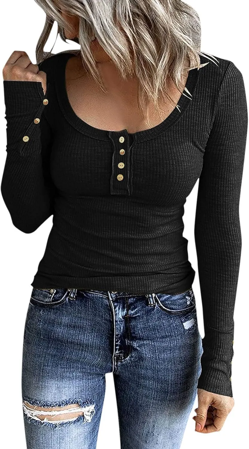 Womens Long Sleeve Henley Shirts 2024 Fall Fashion U Neck Basic Button Up Shirts Casual Comfy Slim Fit Pullover Tops