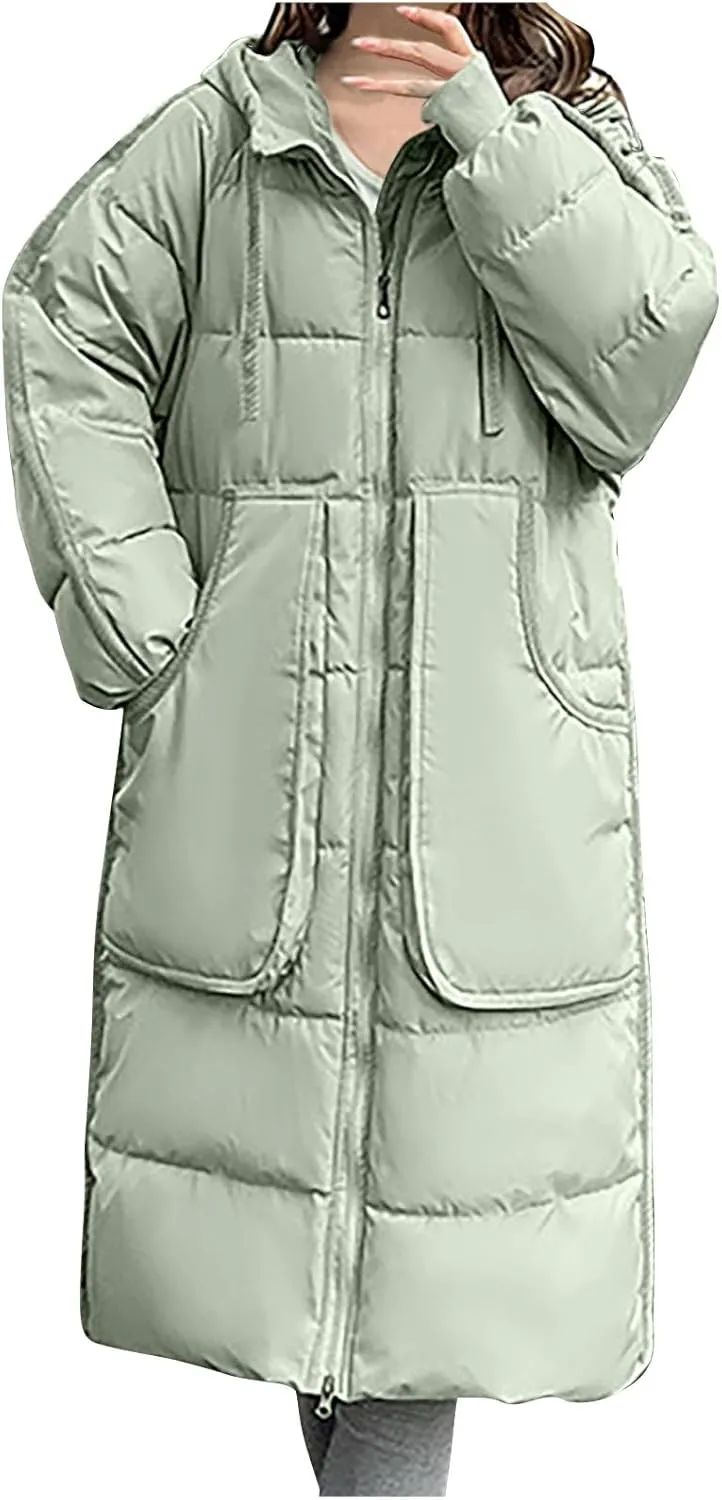Women's Long Winter Down Coats Plus Size Zip Up Padded Trench Jackets Full Length Quilted Puffer Jackets With Pockets