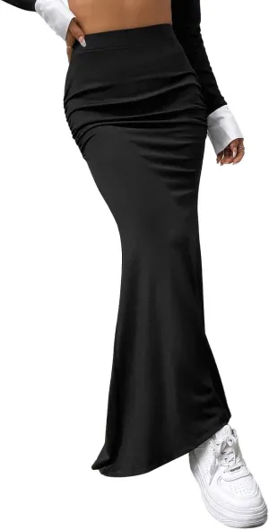 Womens Maxi Long Pencil Skirt High Waisted Stretch Ruched Fishtail Bodycron Elastic Waistband Casual Skirts