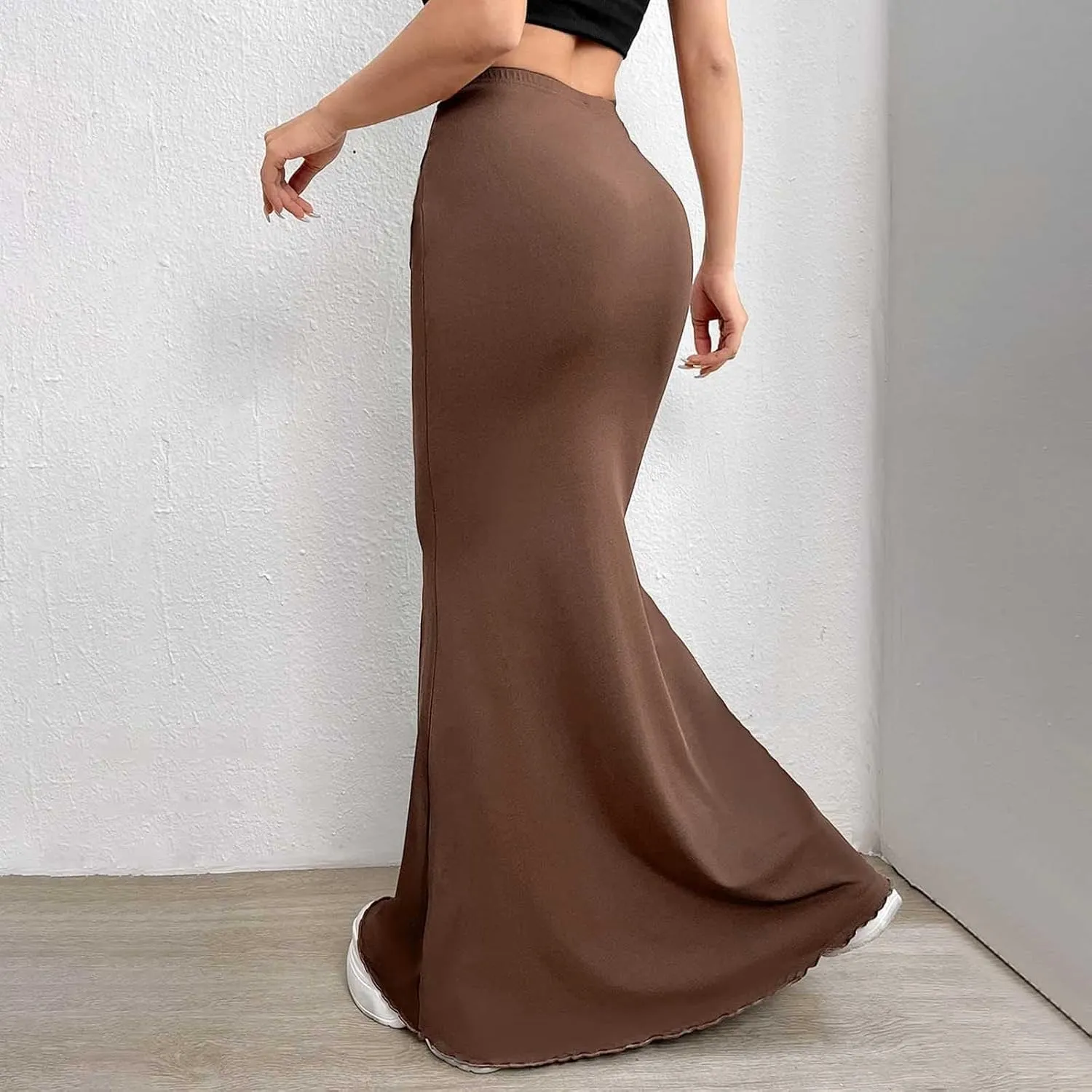 Womens Maxi Long Pencil Skirt High Waisted Stretch Ruched Fishtail Bodycron Elastic Waistband Casual Skirts