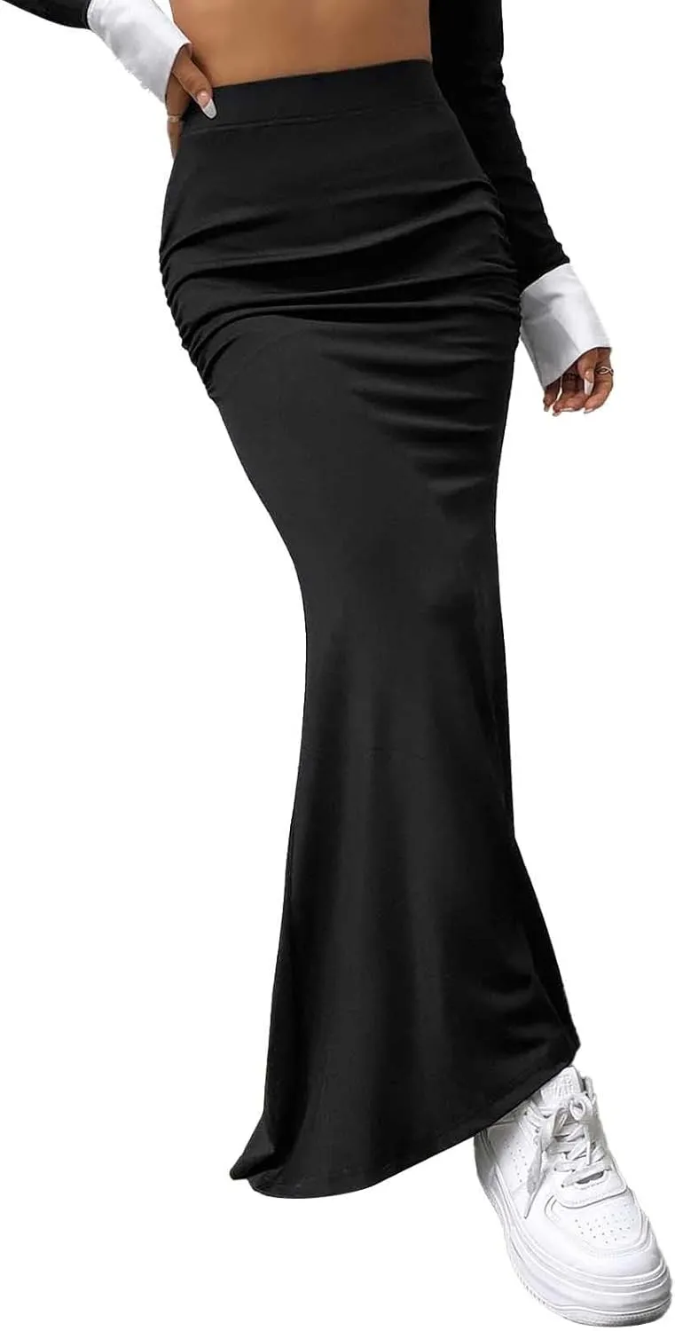 Womens Maxi Long Pencil Skirt High Waisted Stretch Ruched Fishtail Bodycron Elastic Waistband Casual Skirts