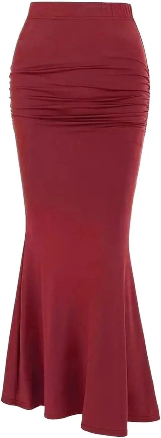 Womens Maxi Long Pencil Skirt High Waisted Stretch Ruched Fishtail Bodycron Elastic Waistband Casual Skirts