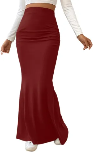 Womens Maxi Long Pencil Skirt High Waisted Stretch Ruched Fishtail Bodycron Elastic Waistband Casual Skirts