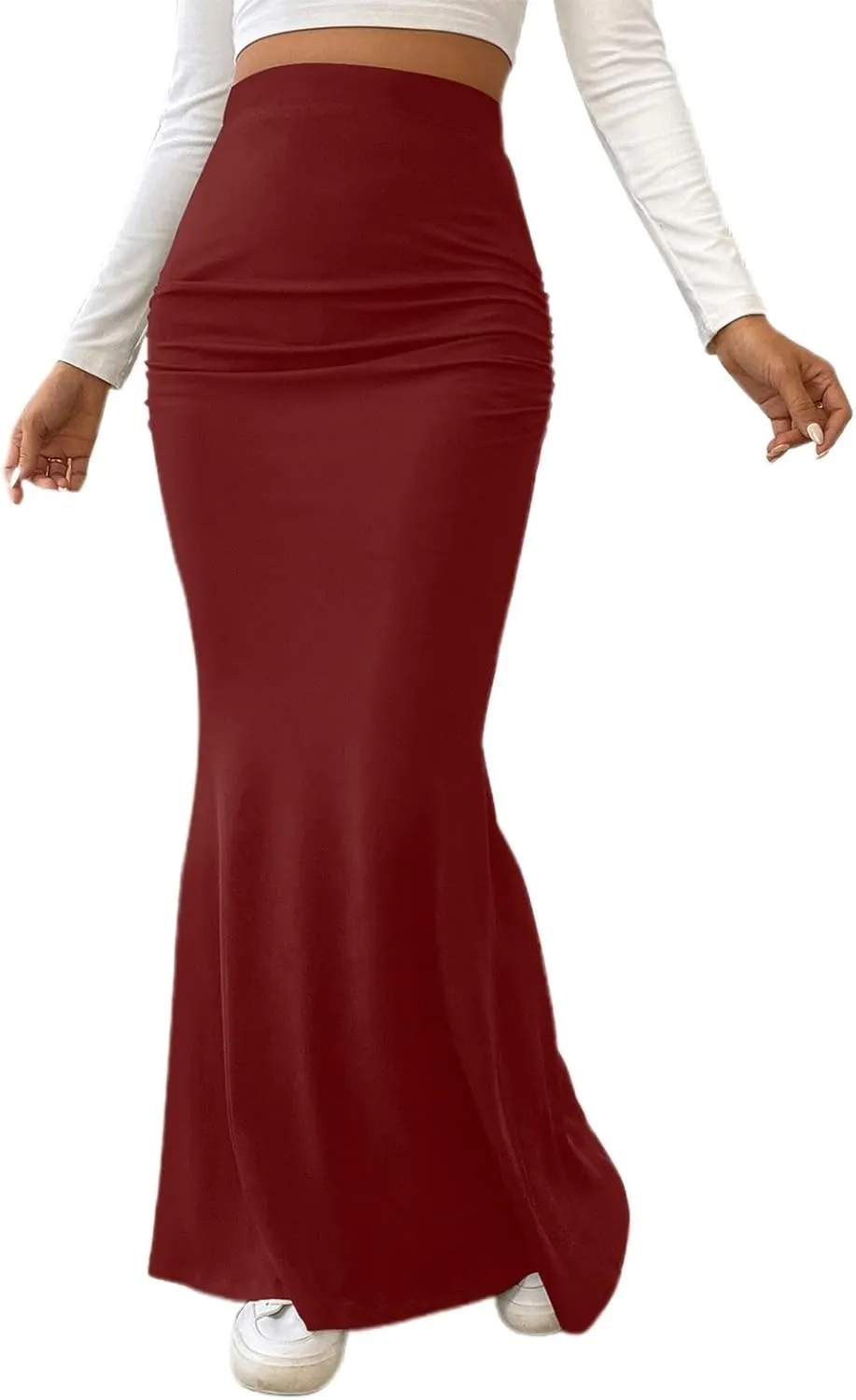 Womens Maxi Long Pencil Skirt High Waisted Stretch Ruched Fishtail Bodycron Elastic Waistband Casual Skirts