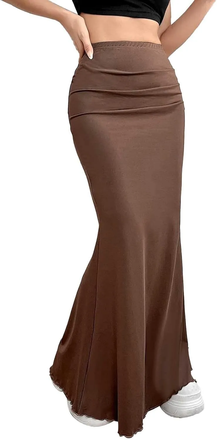 Womens Maxi Long Pencil Skirt High Waisted Stretch Ruched Fishtail Bodycron Elastic Waistband Casual Skirts
