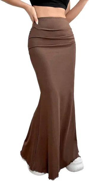 Womens Maxi Long Pencil Skirt High Waisted Stretch Ruched Fishtail Bodycron Elastic Waistband Casual Skirts
