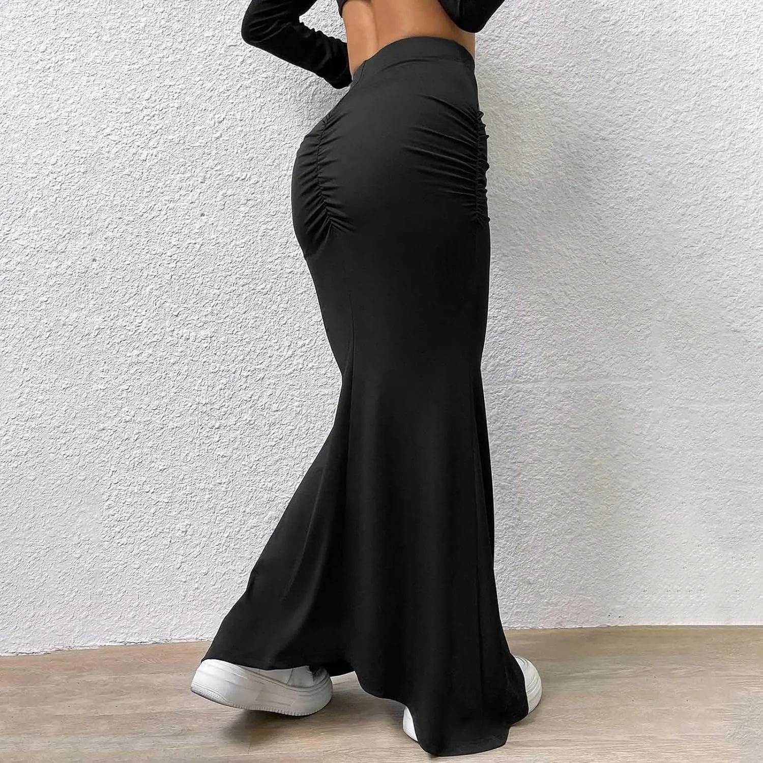 Womens Maxi Long Pencil Skirt High Waisted Stretch Ruched Fishtail Bodycron Elastic Waistband Casual Skirts