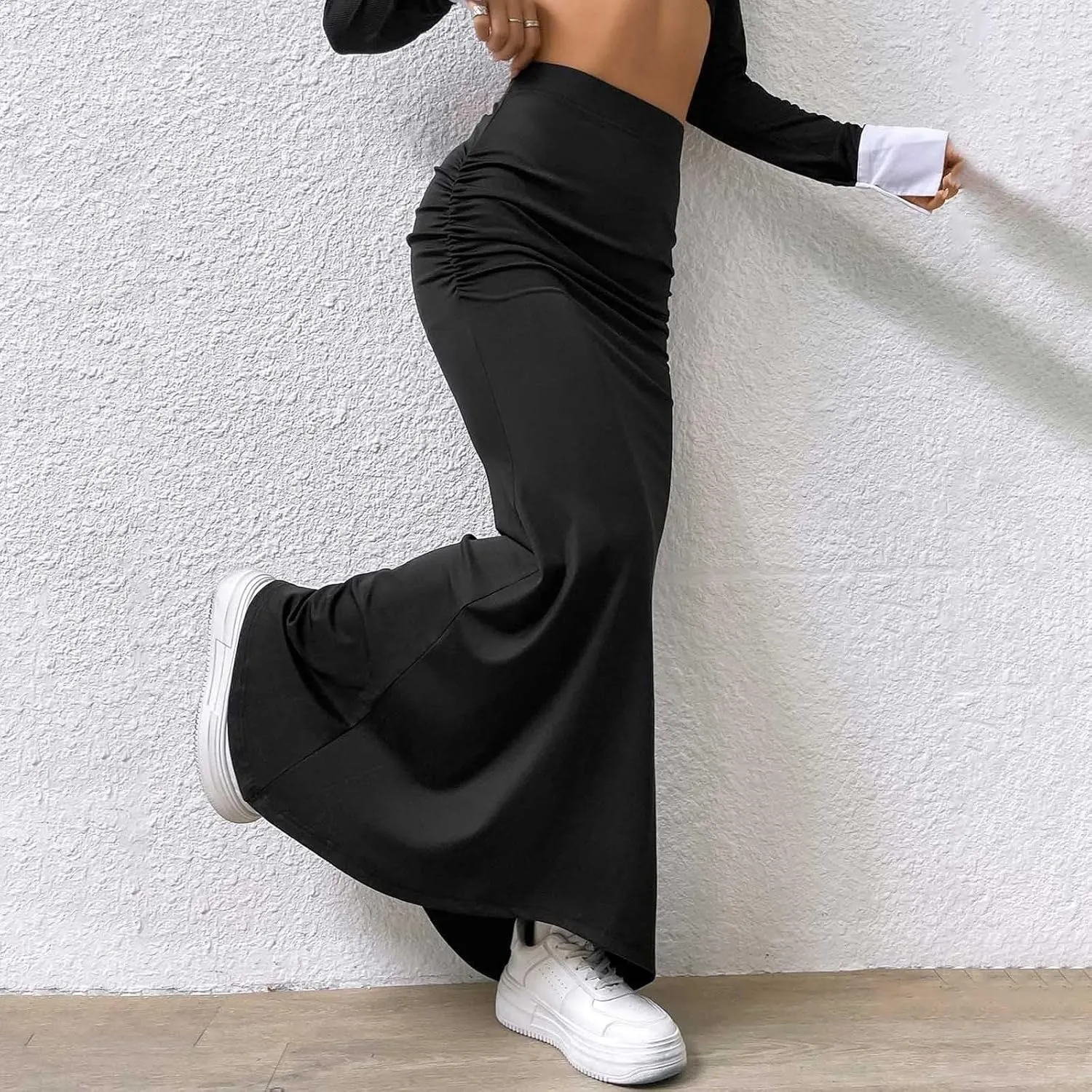 Womens Maxi Long Pencil Skirt High Waisted Stretch Ruched Fishtail Bodycron Elastic Waistband Casual Skirts