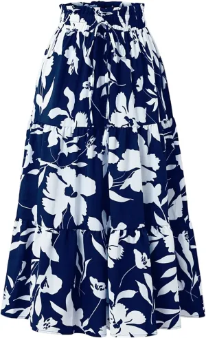 Women's Maxi Skirt 2025 Casual Loose Trendy Elastic Waist Floral Print Bohemian Sun A-Line Beach Skirts, S-XL