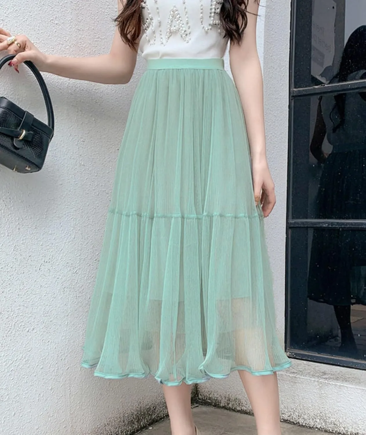 Women's Mesh Tulle Fairy Skirt Elegant Trendy High Waisted A Line Pleated Layered Midi Skirt