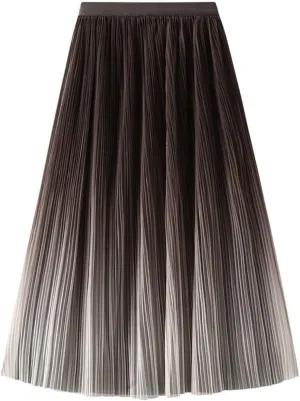 Women's Ombre Pleated Midi Skirt Elegant Gradient Tulle Skirts Elastic High Waist Flowy Skirt Summer Casual Skirts