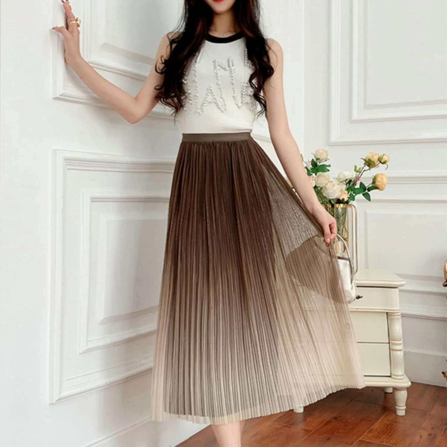 Women's Ombre Pleated Midi Skirt Elegant Gradient Tulle Skirts Elastic High Waist Flowy Skirt Summer Casual Skirts
