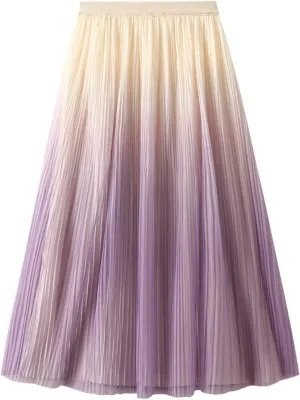 Women's Ombre Pleated Midi Skirt Elegant Gradient Tulle Skirts Elastic High Waist Flowy Skirt Summer Casual Skirts