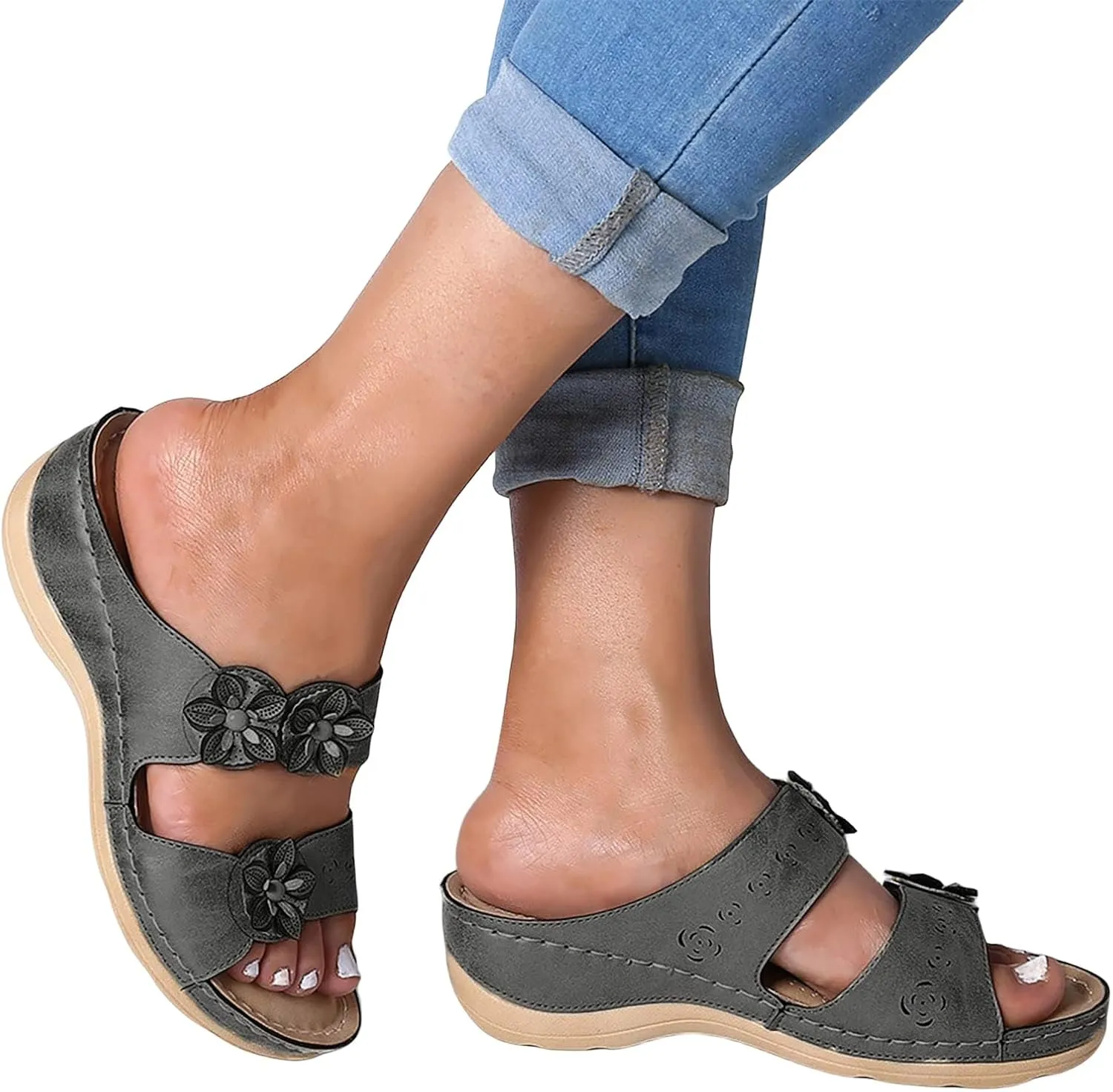 Women's Orthopedic Wedge Walking Sandals with Arch Support Anti Slip Breathable Slip On Flip Flops Dressy Comfy Platform for Summer Beach Travel