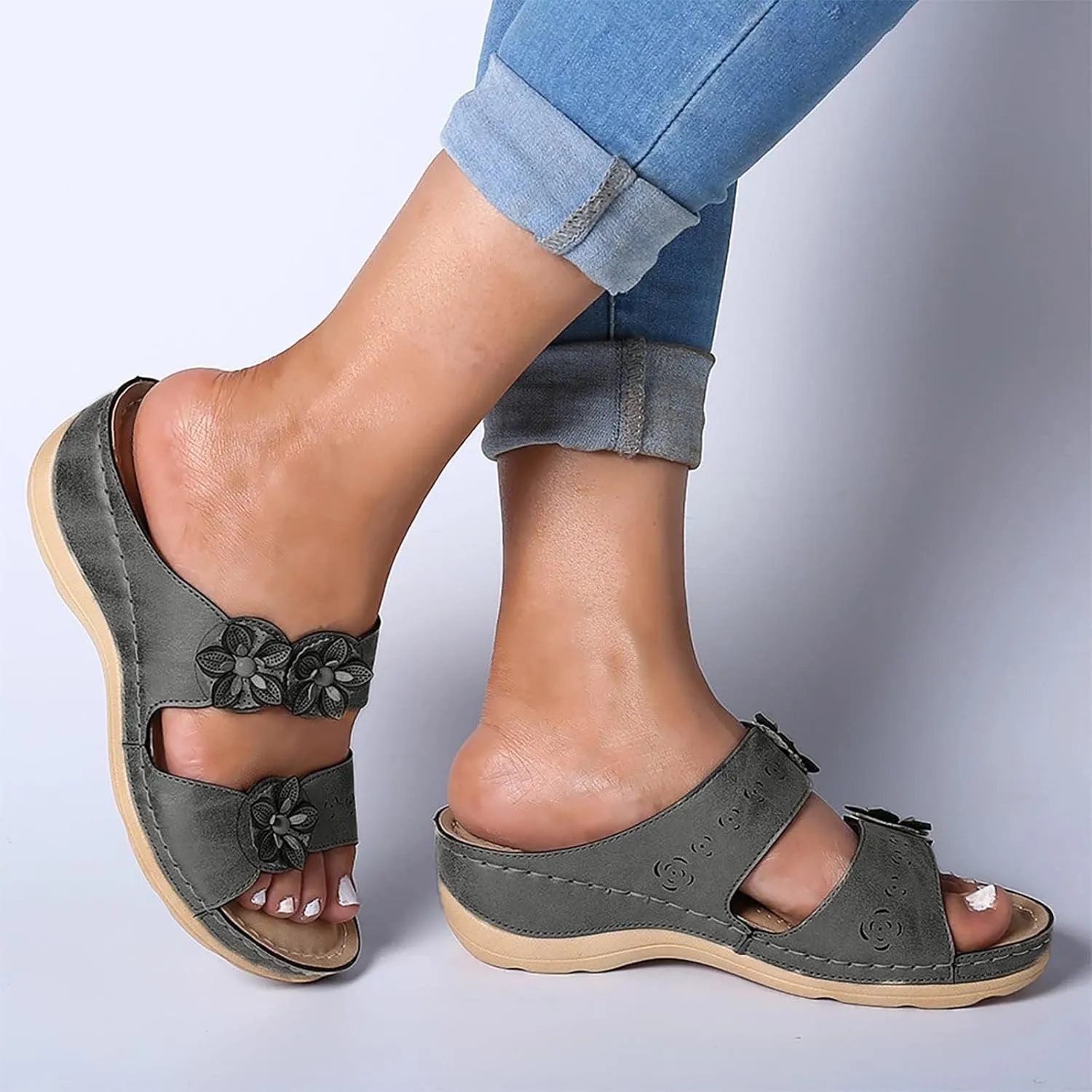 Women's Orthopedic Wedge Walking Sandals with Arch Support Anti Slip Breathable Slip On Flip Flops Dressy Comfy Platform for Summer Beach Travel