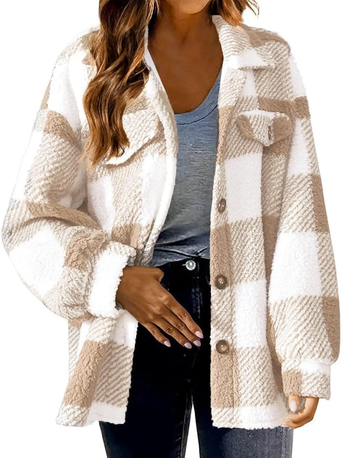 Womens Oversiezd Flannel Fleece Jackets Lightweight Trendy Color Block Plaid Coats Comfortable Loose Casual Outwears