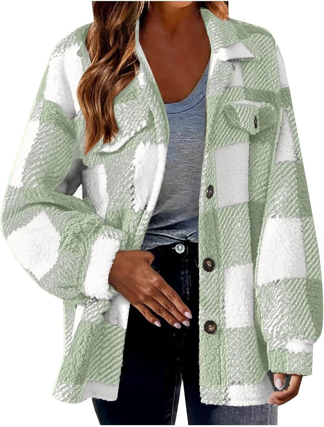 Womens Oversiezd Flannel Fleece Jackets Lightweight Trendy Color Block Plaid Coats Comfortable Loose Casual Outwears