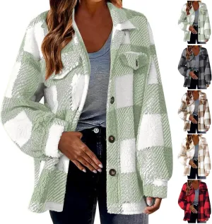 Womens Oversiezd Flannel Fleece Jackets Lightweight Trendy Color Block Plaid Coats Comfortable Loose Casual Outwears