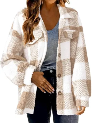 Womens Oversiezd Flannel Fleece Jackets Lightweight Trendy Color Block Plaid Coats Comfortable Loose Casual Outwears