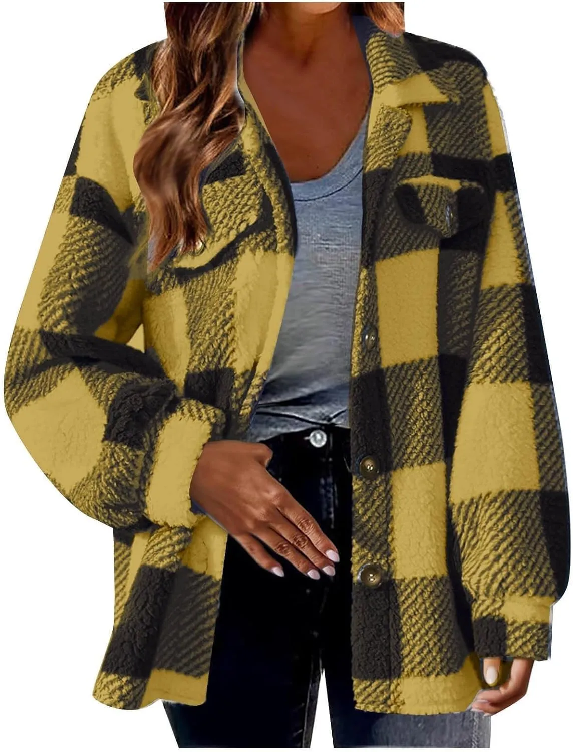 Womens Oversiezd Flannel Fleece Jackets Lightweight Trendy Color Block Plaid Coats Comfortable Loose Casual Outwears