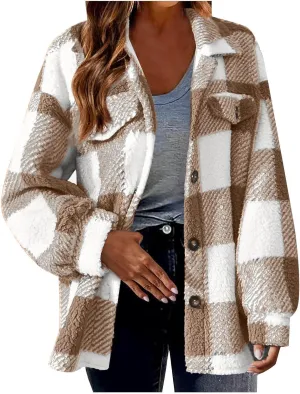 Womens Oversiezd Flannel Fleece Jackets Lightweight Trendy Color Block Plaid Coats Comfortable Loose Casual Outwears