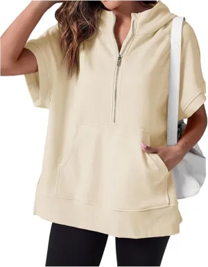 Womens Oversized Half Zip Hoodies Short Sleeve Casual Sweatshirts Summer Pullover Tops with Pockets Loose 2025 Clothes