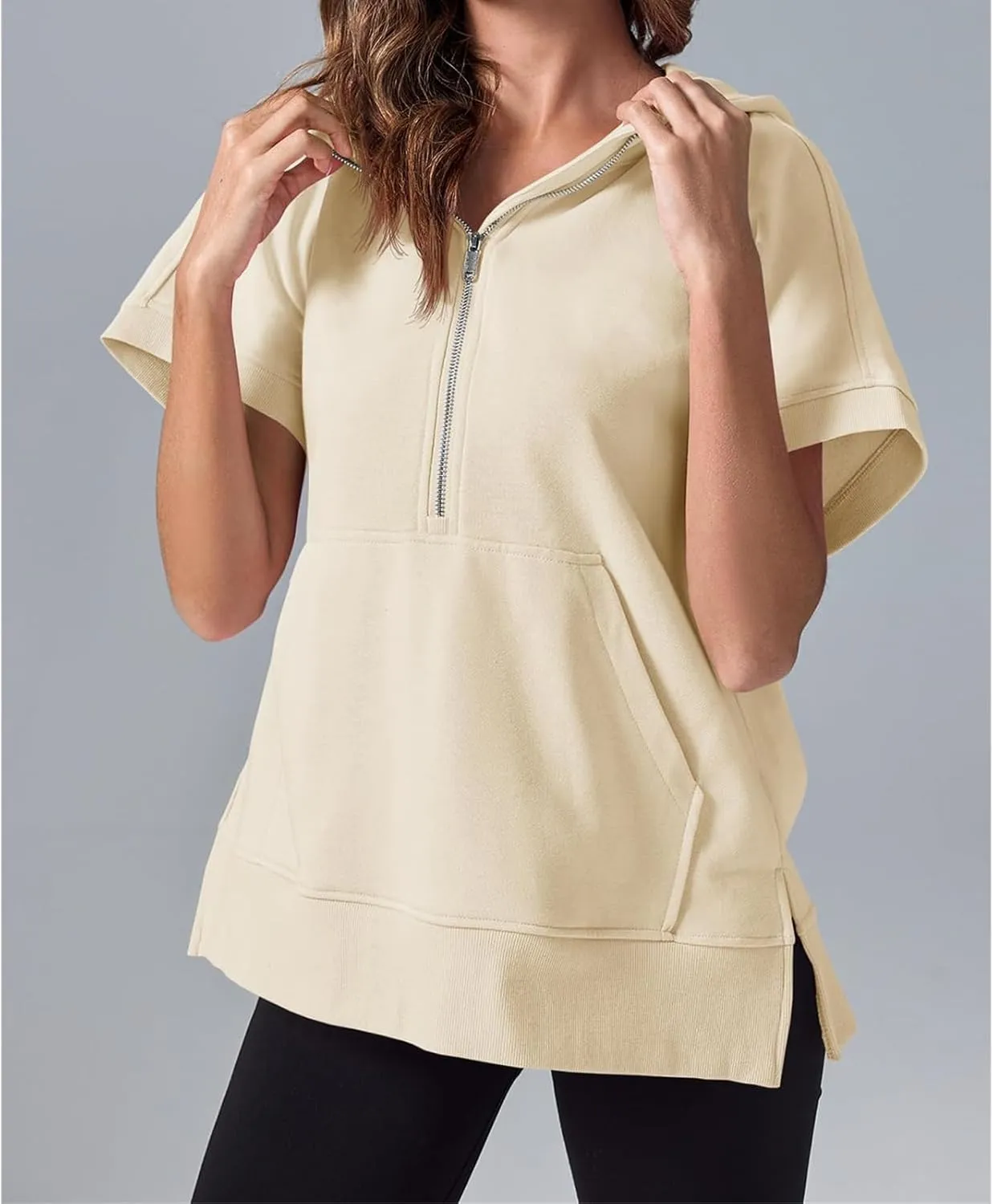 Womens Oversized Half Zip Hoodies Short Sleeve Casual Sweatshirts Summer Pullover Tops with Pockets Loose 2025 Clothes