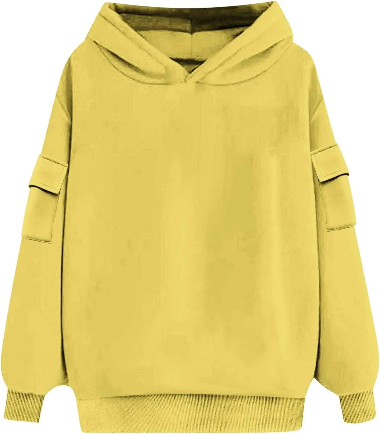 Womens Oversized Hoodies Cargo Pocketed Long Sleeve Crewneck Pullover Fall Winter Solid Drop Shoulder Sweatshirts