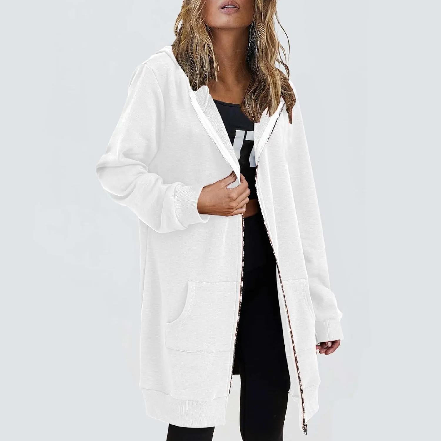Womens Oversized Zip Up Long Hoodies Casual Long Sleeve Solid Color Sweatshirts Fall Trendy Loose Jacket with Pockets