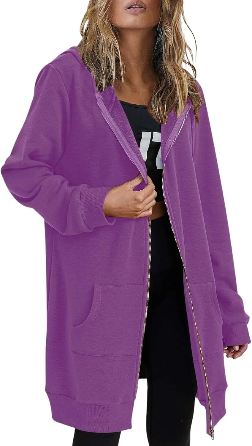 Womens Oversized Zip Up Long Hoodies Casual Long Sleeve Solid Color Sweatshirts Fall Trendy Loose Jacket with Pockets
