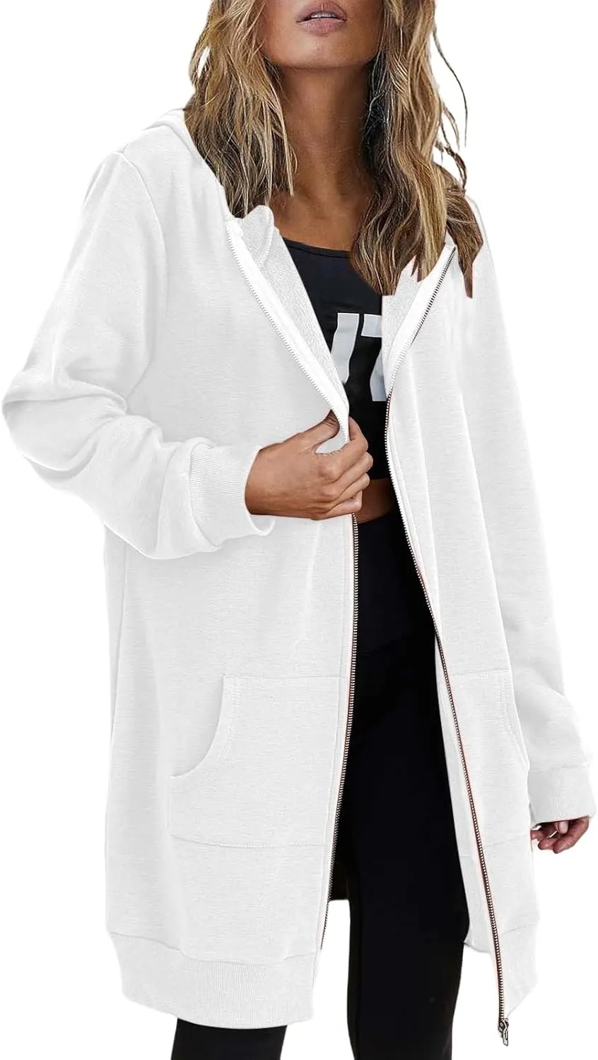 Womens Oversized Zip Up Long Hoodies Casual Long Sleeve Solid Color Sweatshirts Fall Trendy Loose Jacket with Pockets