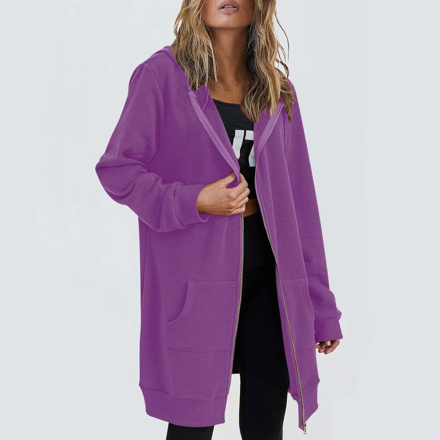 Womens Oversized Zip Up Long Hoodies Casual Long Sleeve Solid Color Sweatshirts Fall Trendy Loose Jacket with Pockets