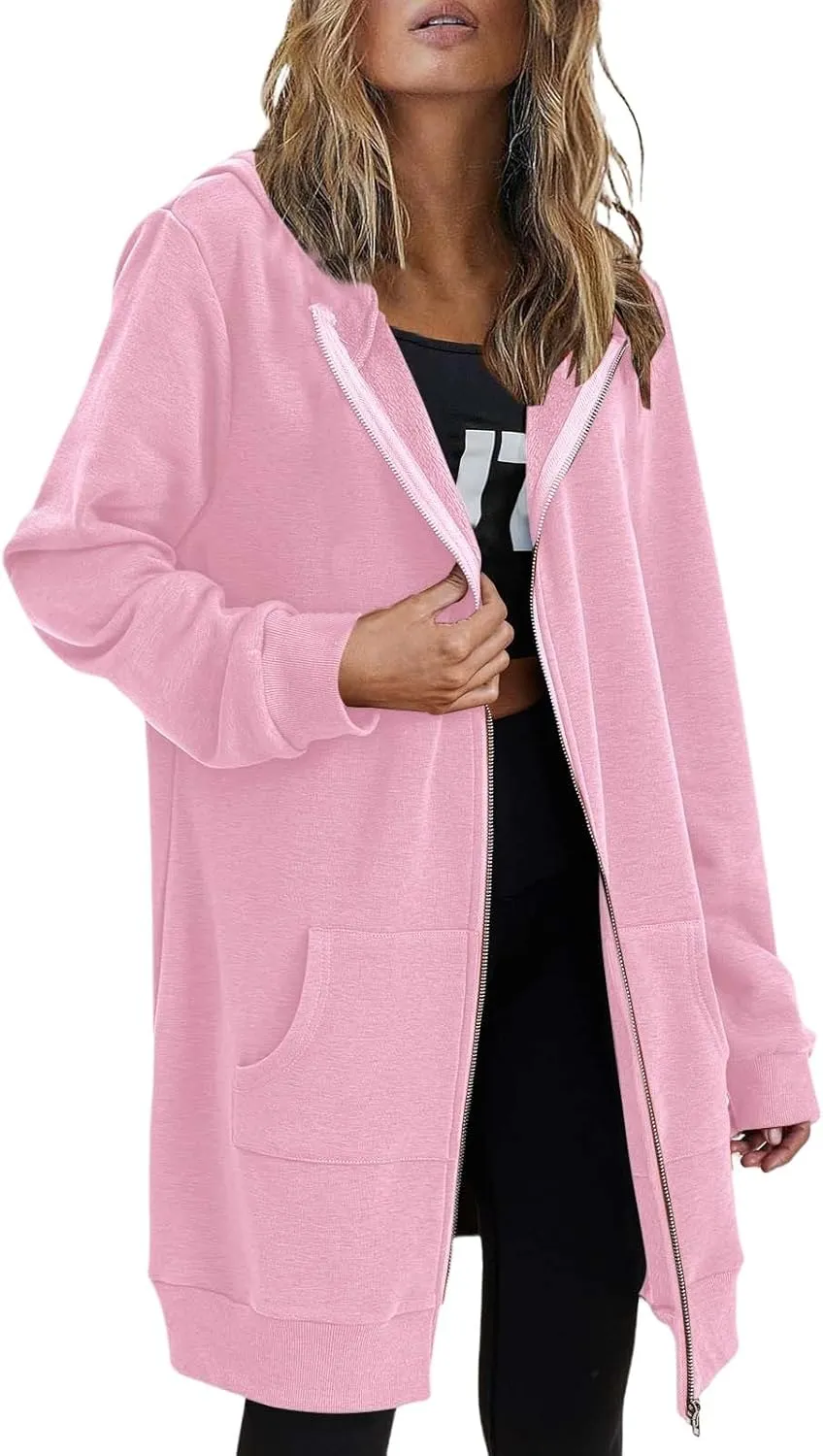 Womens Oversized Zip Up Long Hoodies Casual Long Sleeve Solid Color Sweatshirts Fall Trendy Loose Jacket with Pockets