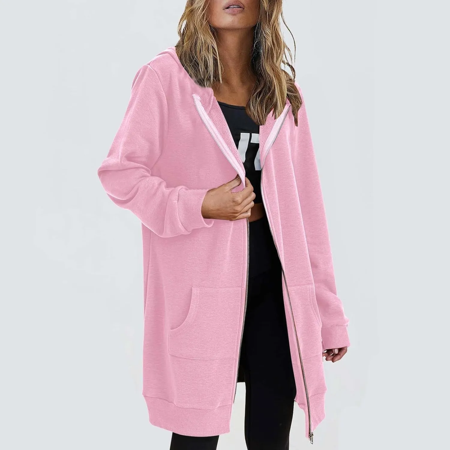 Womens Oversized Zip Up Long Hoodies Casual Long Sleeve Solid Color Sweatshirts Fall Trendy Loose Jacket with Pockets
