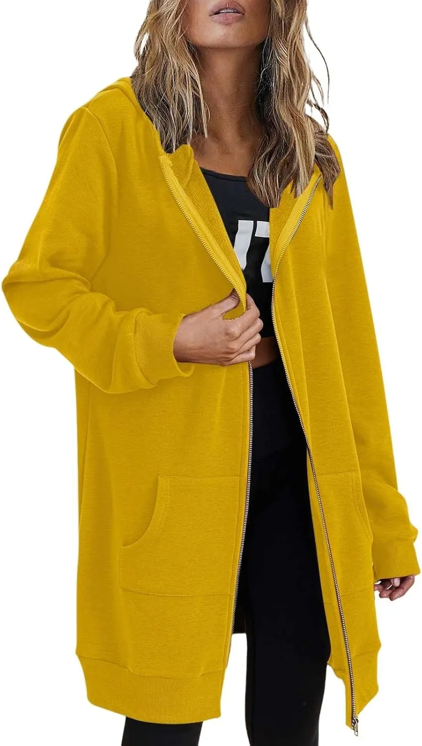 Womens Oversized Zip Up Long Hoodies Casual Long Sleeve Solid Color Sweatshirts Fall Trendy Loose Jacket with Pockets