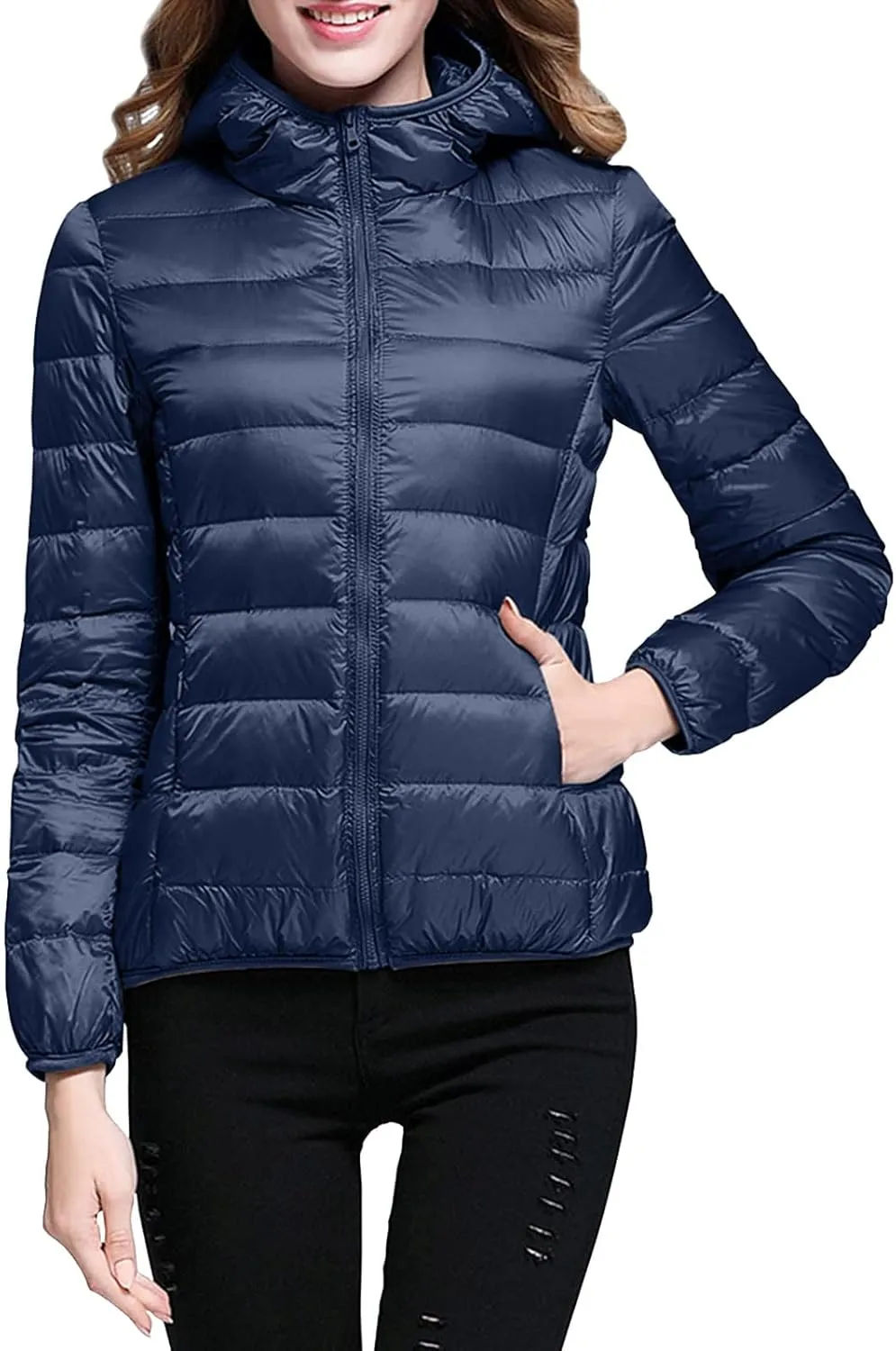 Women's Packable Puffer Jacket Full Zip Hoodie Down Jacket Lightweight Quilted Outwear Puffer Coat with Pockets