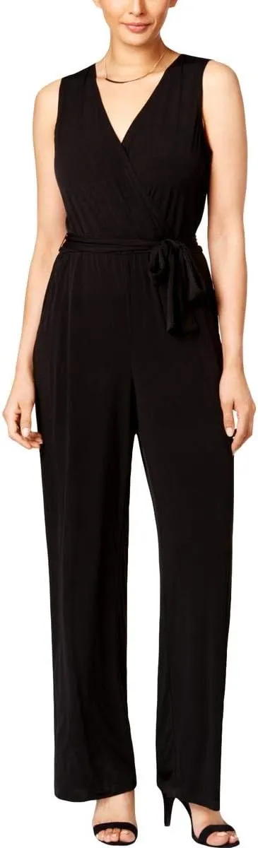 Women's Petite Surplice Belted Wide-Leg Jumpsuit Black P/XS