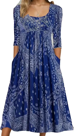 Womens Plus Size Floral Midi Dresses 2025 Casual Smocked Crewneck Long Dress with Pockets Long Sleeve Vacation Dress